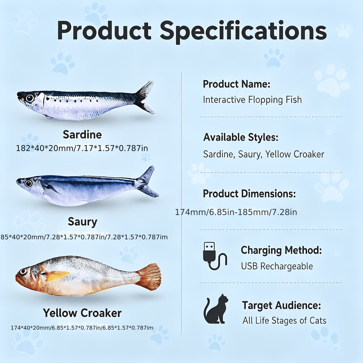 Flopping Fish Cat Toy 3-Pack, Touch-Activated Type-C Rechargeable Interactive Fish with 3 Swing Modes and Removable Motor for Indoor Cat Play
