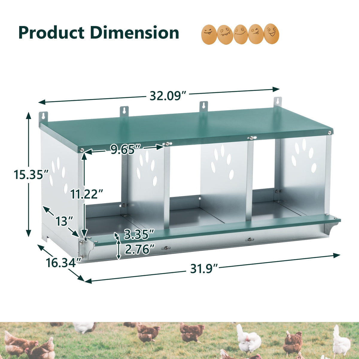 Galvanized Steel Chicken Nesting Box with Ventilation Holes, Green Model 0206 Hen Nest with Removable Divider and Nest Pad for Backyard Coops