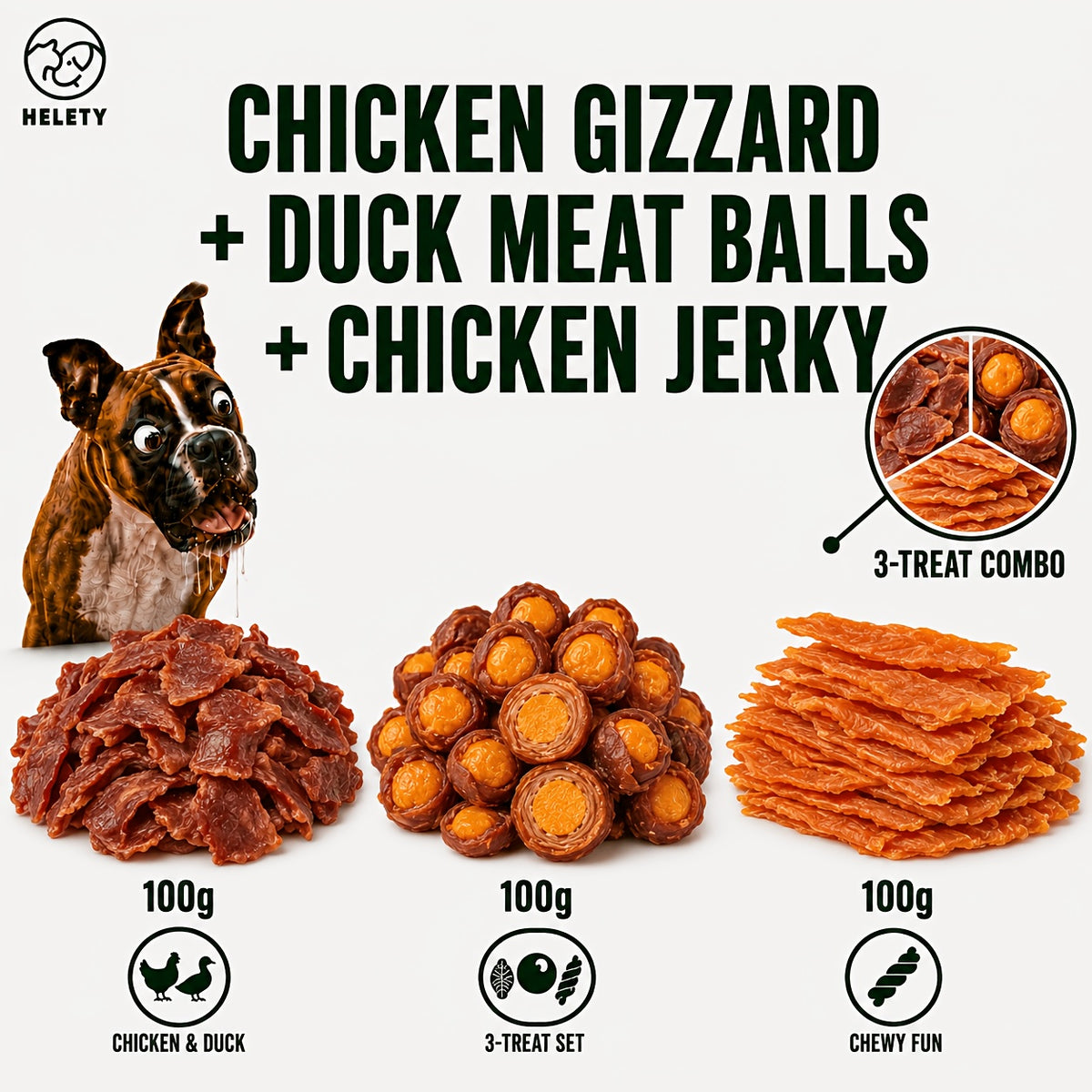 Dog Snack Variety Selection with Chicken Liver, Duck Jerky, Beef Cubes and Sweet Potato Donut Options for Supervised Training Rewards