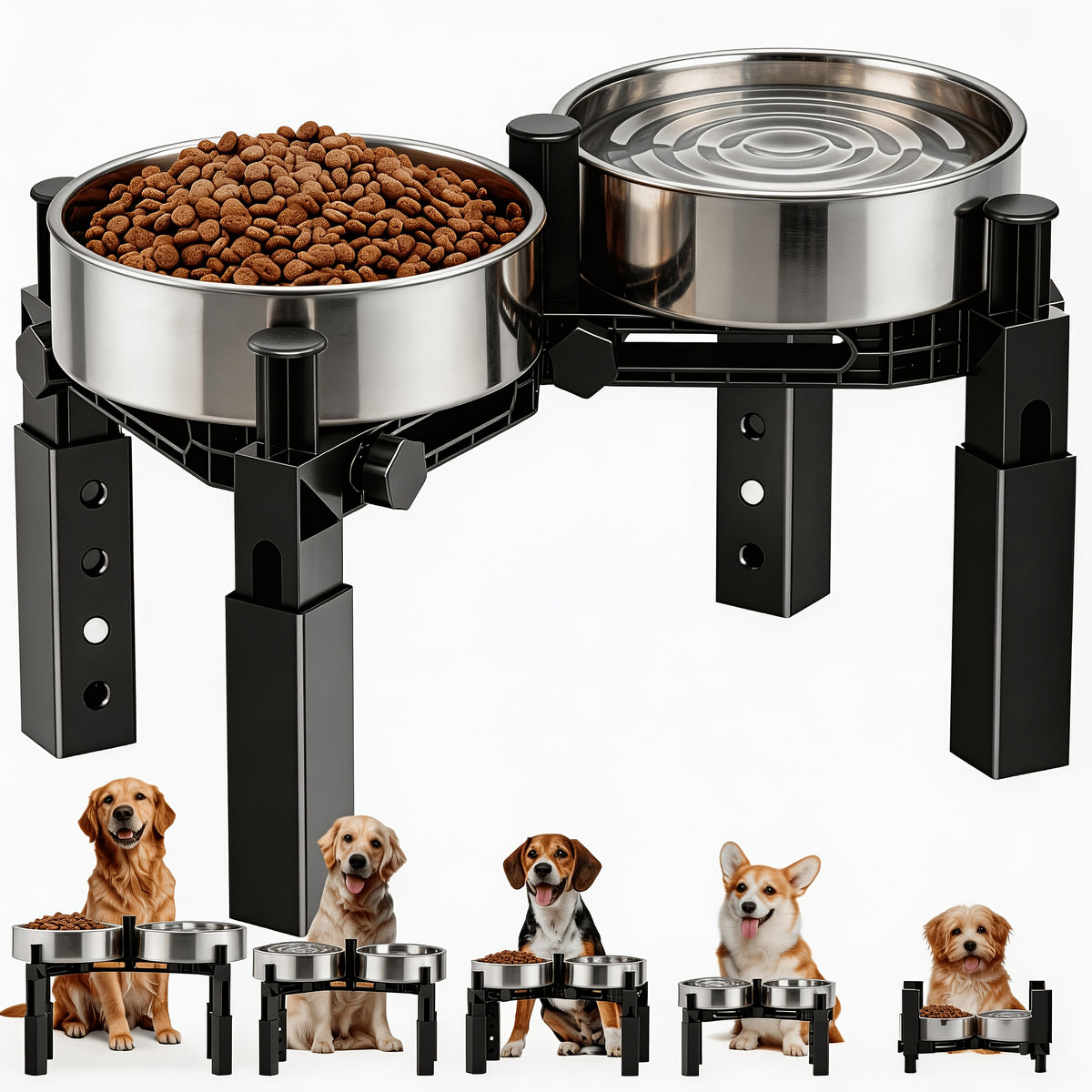 Dog Bowl Stand with 2.64 to 8.86 Inch Adjustable Height, Elevated Double-Bowl Holder for Large Breed Feeding Setups, Bowls Not Included
