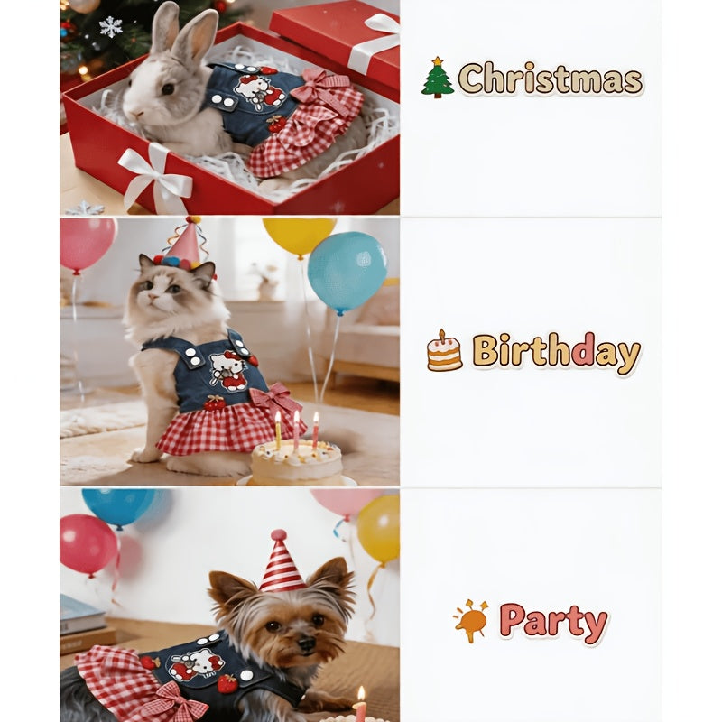 Denim Plaid Dog Dress for Small Dogs and Cats, Red Checkered Bow and Strawberry Appliques, Pleated Pet Party Outfit in XS to XL
