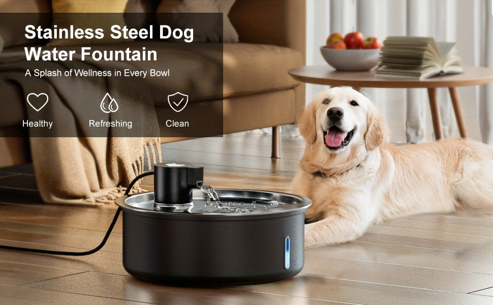 Pet Water Fountain 8L with Water Level Window, Silvery Stainless Steel Drinking Dispenser for Dogs and Cats with Selected Filter Bundle Options