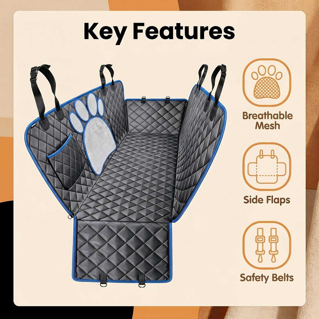 Mesh Dog Car Hammock Seat Cover, Anti-Slip 600D Heavy-Duty Rear Seat Protector for Pet Travel in Sedans, Trucks and SUVs, Blue or Black Trim