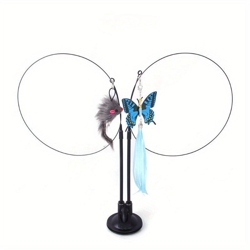 Suction Cup Cat Wand Toy with Two Flexible Teaser Rods, Lake Blue Interactive Feather-Style Cat Toy for Indoor Cats and Supervised Kitten Play