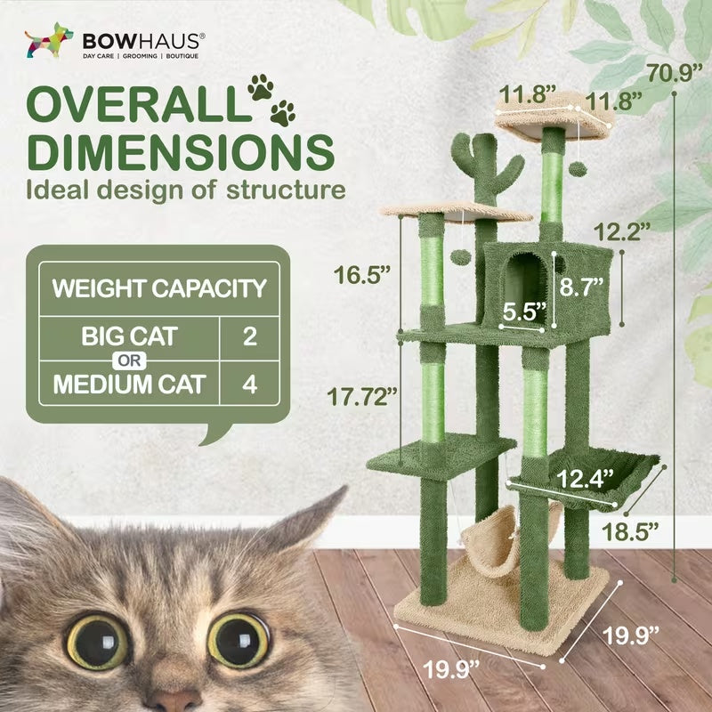 Cactus Cat Tower with Widened Perch and Scratching Posts, Multi-Level Indoor Cat Furniture in 37, 40, 58 or 70 Inch Size Options for Play and Rest