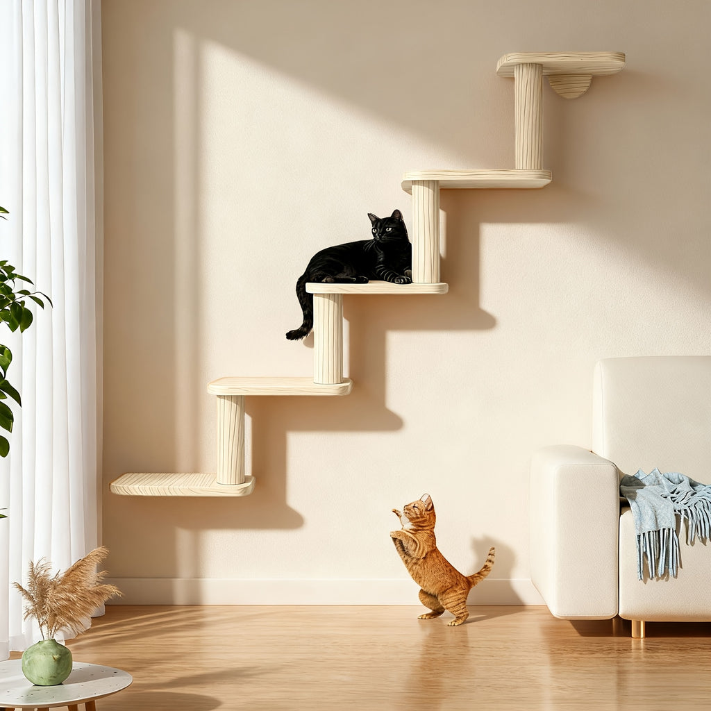 Wooden Cat Wall Steps with Five Levels, Solid Wood Wall-Mounted Cat Climbing Platforms and Indoor Perches for Space-Saving Play and Elevated Rest