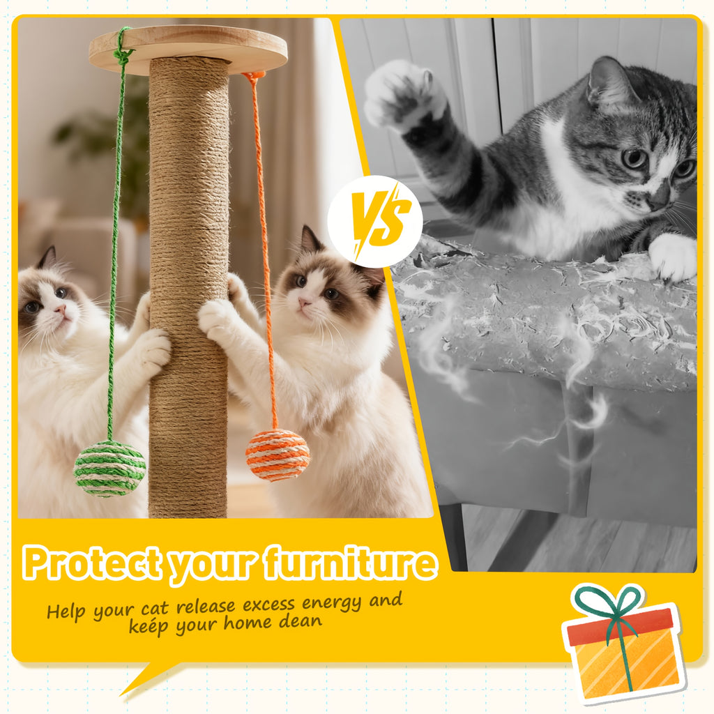 Interactive Cat Scratching Post with Double-Layer Ball Track and Feather Toys, M L XL Cat Scratcher and Replacement Pillar Options for Indoor Cats