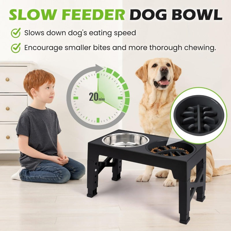 Adjustable Raised Dog Bowl Set with 5 Height Settings, 2 Stainless Steel Bowls and 1 Slow Feeder for Small to Large Dogs, Black or Gray