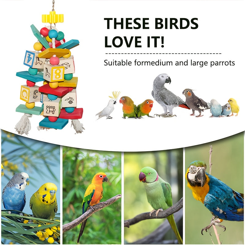 Wooden Parrot Activity Toy with Number and Letter Blocks, Colorful Hanging Bird Chew Toy with Beads and Rope Tassels for Medium and Large Birds