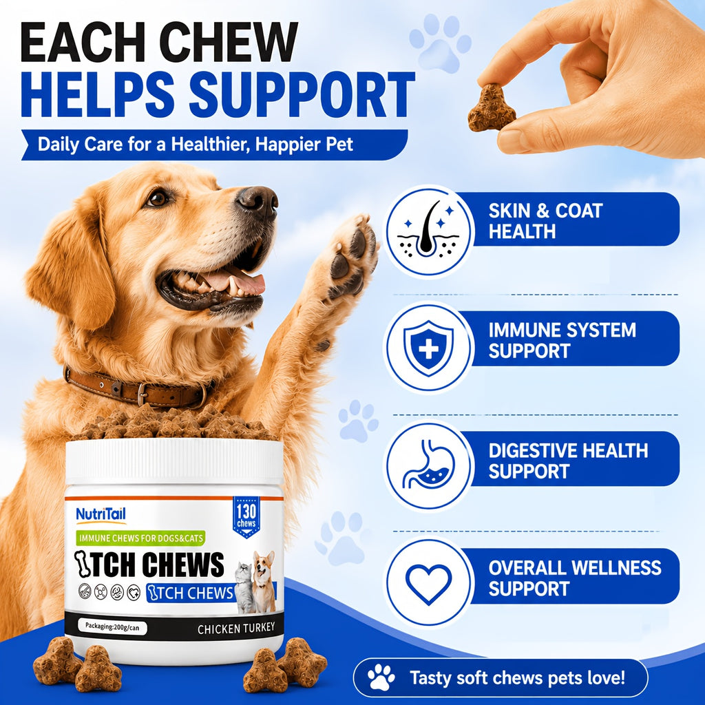 Pet Skin Care Chews for Dogs and Cats, NutriTail 200g Skin Chews with 130-Count Labeling, Probiotic and Quiet Moment Options for Daily Care