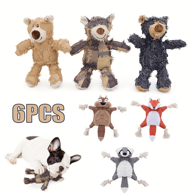 Squeaky Dog Toy Assortment with Rope and Plush Animal Designs, Random 6, 8 or 10 Piece Packs for Supervised Gentle Tug and Interactive Play
