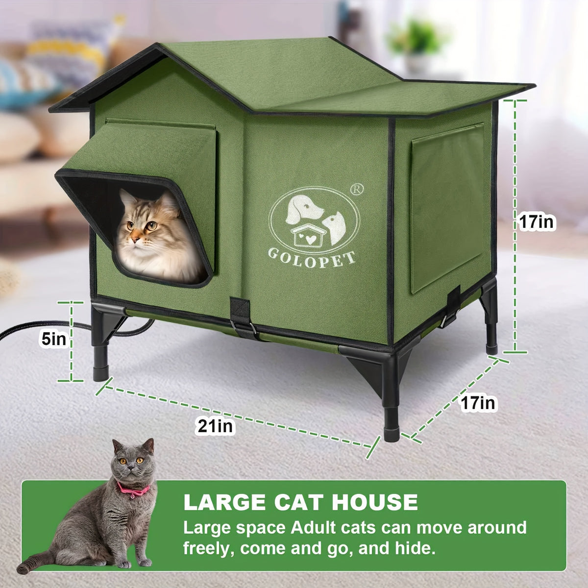 Cat House with Detachable Heating Pad, XL 21 x 17 x 17 Inch Pet Shelter and Elevated Bed for Cats and Small Dogs, Indoor and Outdoor Use