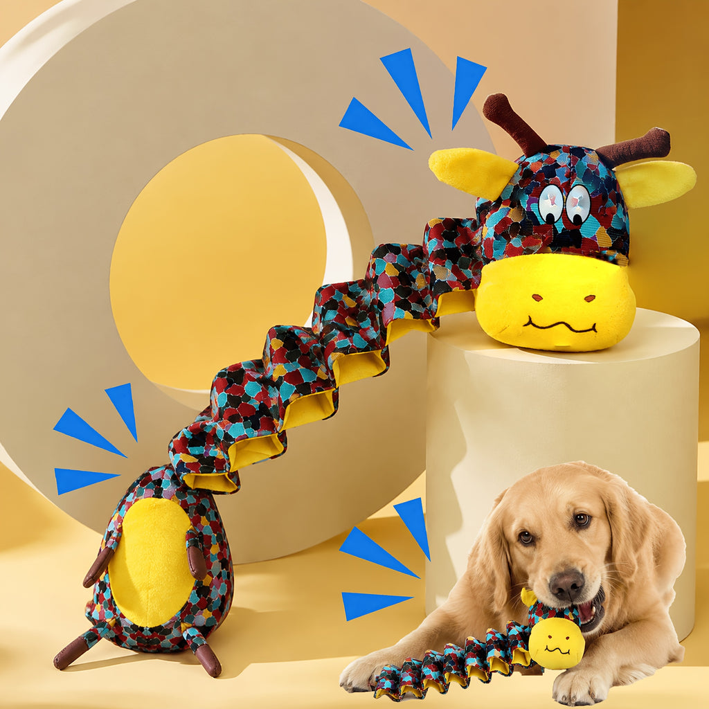 Accordion Cow Dog Toy with Squeaker and Crinkle Paper, Colorful Soft Plush Pull Toy for Supervised Gentle Tug, Fetch and Interactive Indoor Play
