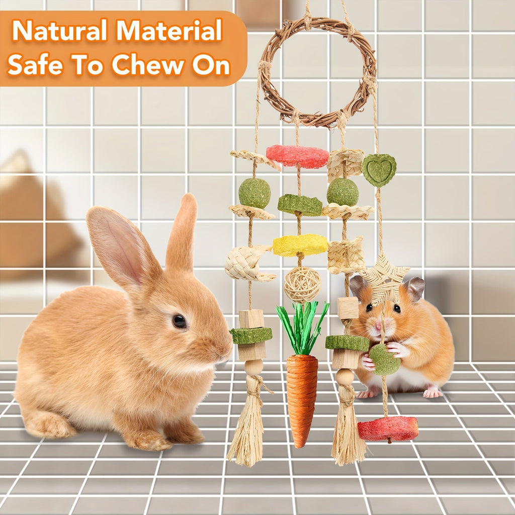 Hanging Rabbit Chew Rings 2 Pack, Rattan Bunny Cage Toys with Snacks for Supervised Small Pet Enrichment, Rabbit and Hamster Listed Option