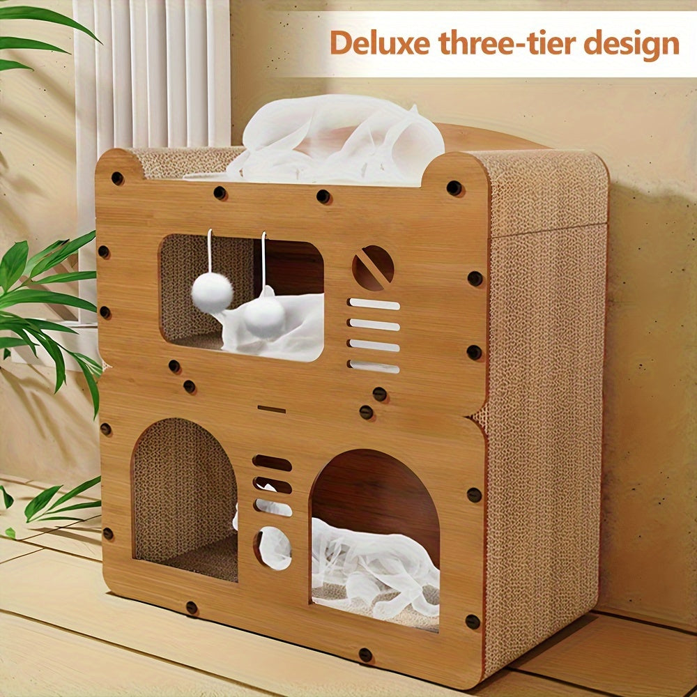 Three-Level Cat House with Dual Scratching Boards, Plush Balls and Ventilation Doors, Multi-Feature Cat Condo for Resting, Scratching and Play