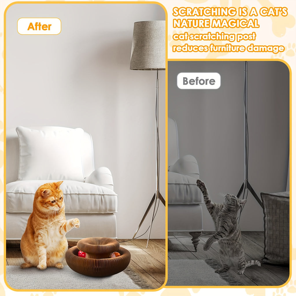 Accordion Cat Scratcher with Ball Track, Foldable Corrugated Cardboard Scratching Pad for Indoor Cats, Brown with Bell Bundle Option