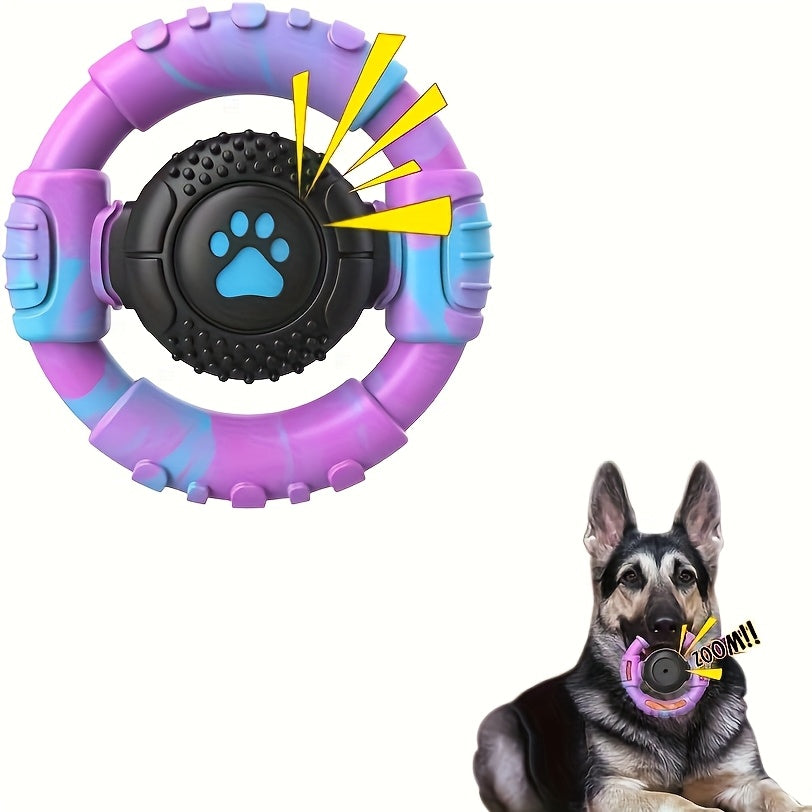 Steering Wheel Dog Chew Toy with Squeaker, Textured Rubber Ring for Large Dogs, Blue or Purple Interactive Fetch Toy for Supervised Play