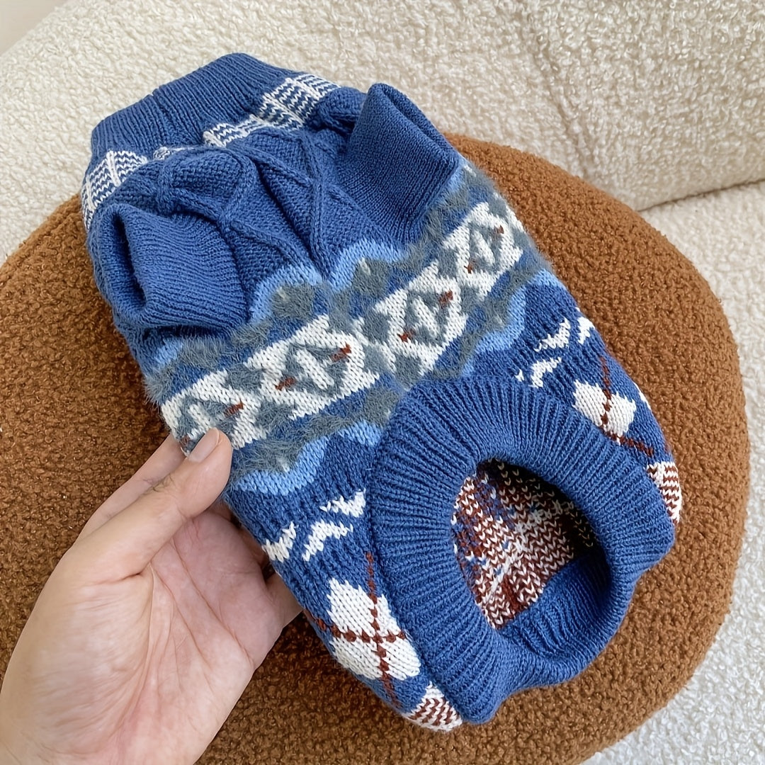 Fair Isle Dog Sweater, Cable Knit Turtleneck Winter Pullover in Beige or Blue, XS-XL Pet Clothing for Cozy Indoor Wear and Cool Weather Walks