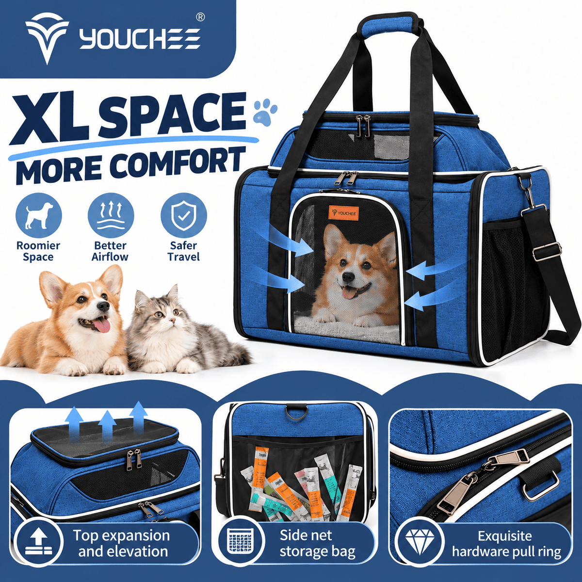 XL Soft-Sided Pet Carrier 19 x 12 x 17 Inch for Cats and Small Dogs up to 25 lbs, Five-Side Mesh Travel Bag with Expandable Top and Removable Mat