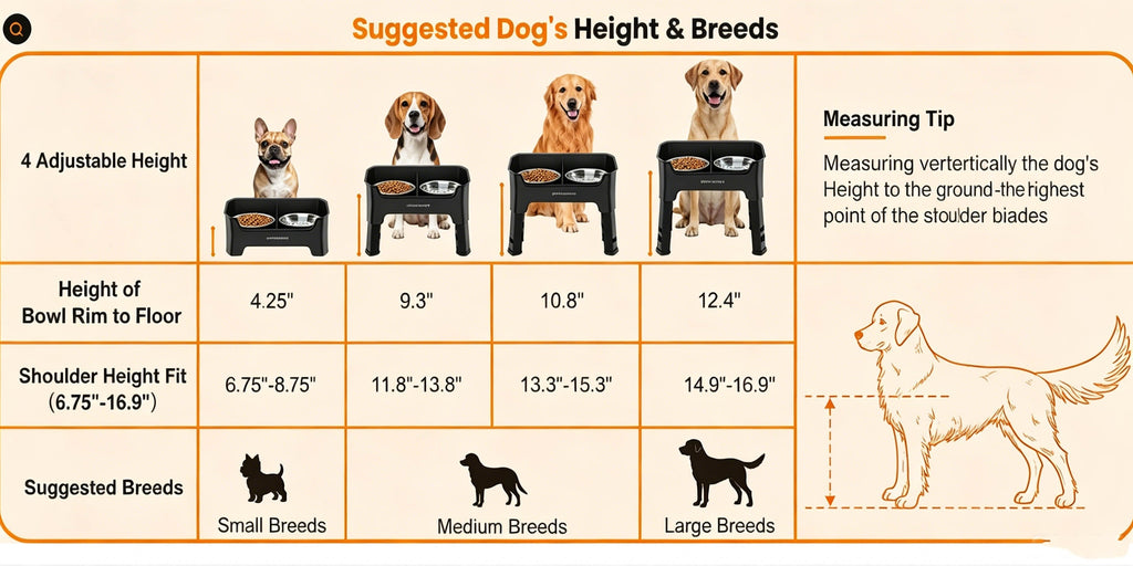 Splash Guard Elevated Dog Bowls with Four Adjustable Heights, Two 53oz Stainless Steel Bowls and Non-Slip Feet for Everyday Food and Water