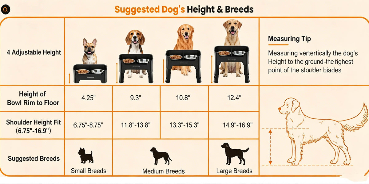 Splash Guard Elevated Dog Bowls with Four Adjustable Heights, Two 53oz Stainless Steel Bowls and Non-Slip Feet for Everyday Food and Water