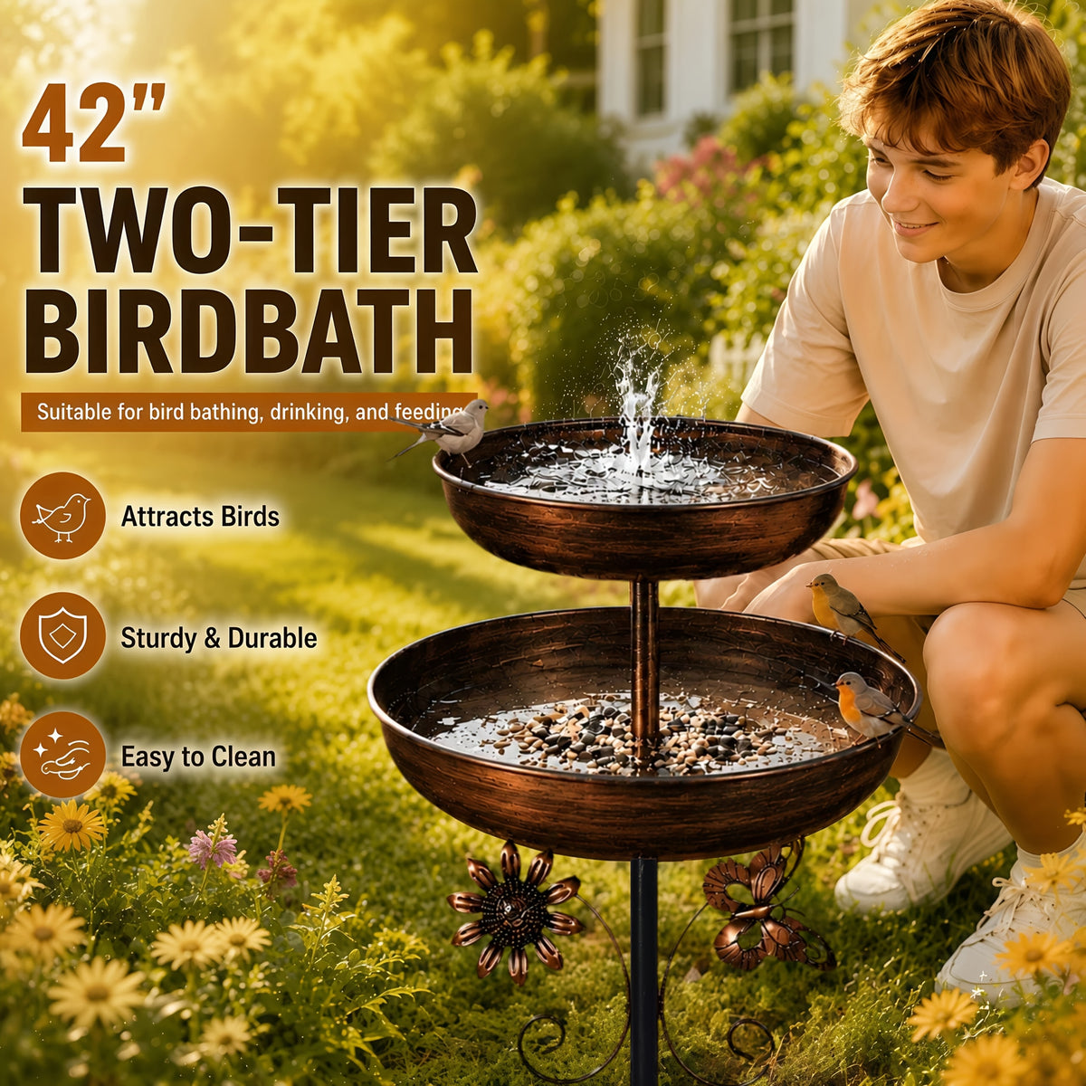 Bronze Metal Bird Bath with Flower and Butterfly Accents, Five-Prong Ground Stake Garden Basin with Single Layer and Set Options for Outdoor Yard Decor