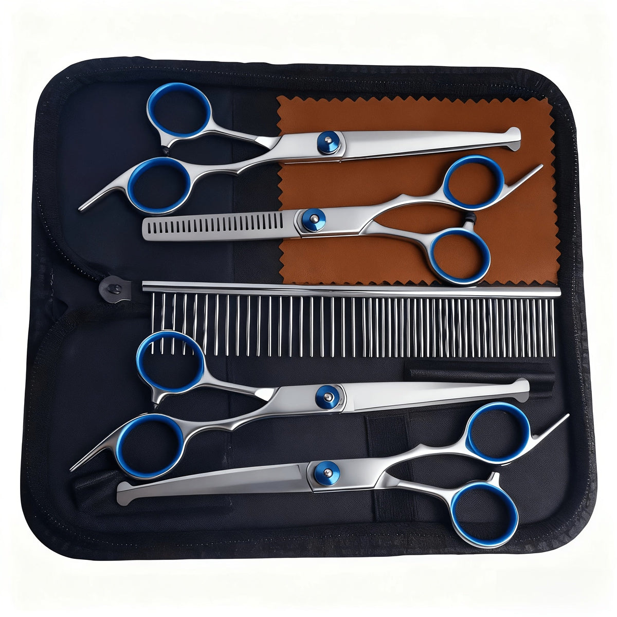 Dog Grooming Scissors Set with Ceramic-Coated 4CR Stainless Steel, 7 Pieces Including Straight, Thinning and Curved Shears, Comb and Storage Bag