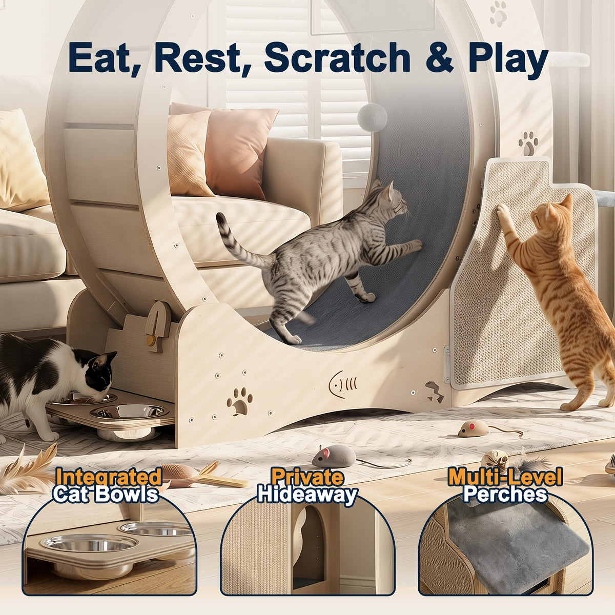 Cat Running Wheel for Indoor Exercise, Quiet Large Cat Treadmill with Stable Base in Wood Color for Daily Activity and Interactive Play