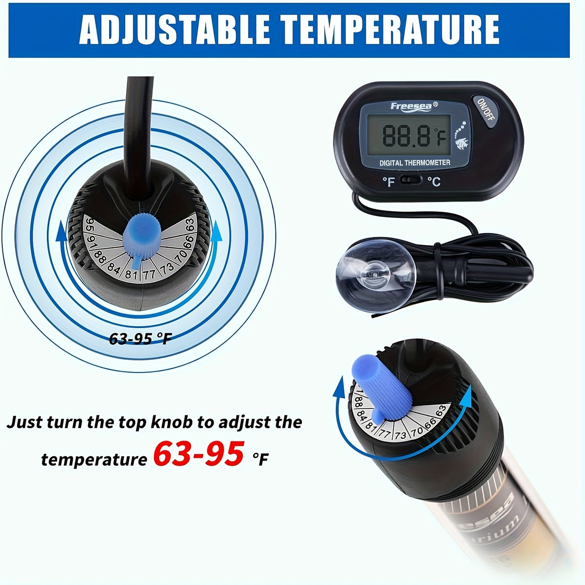 Aquarium Heater with Thermometer, Submersible Fish Tank Water Heater in 25W, 50W, 100W or 300W for Freshwater and Saltwater Setups