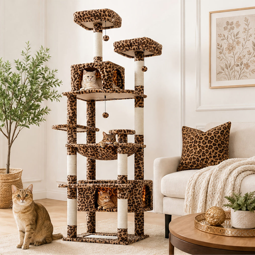 Cat Tree with Eight Levels, 72 Inch Indoor Cat Tower with Spacious Condo, Sisal Scratching Posts, Padded Perches and Basket for Rest and Play