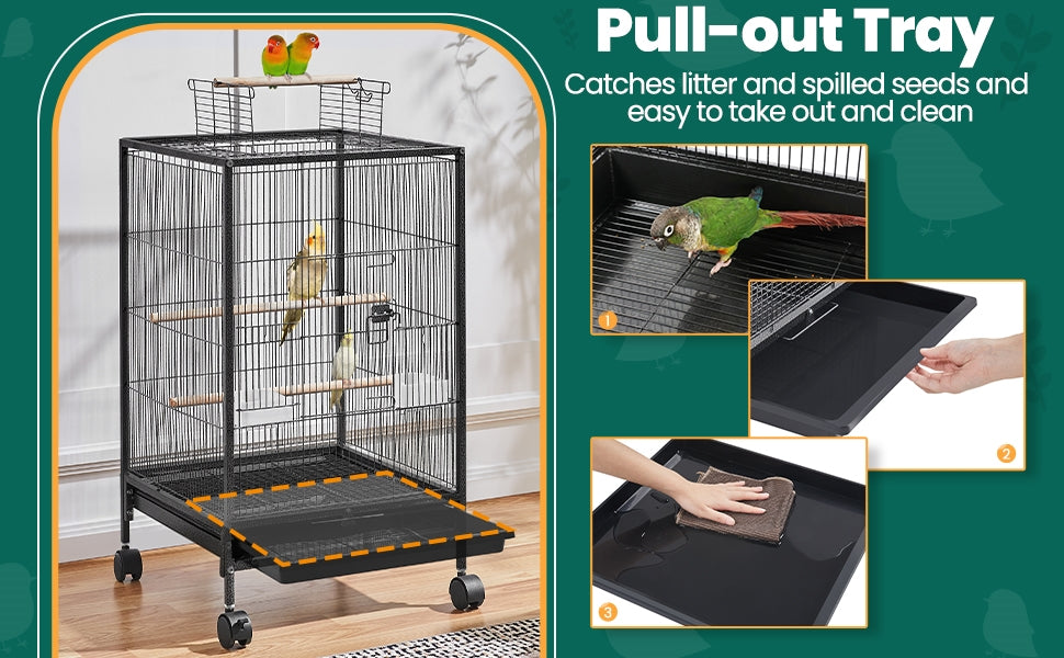 Bird Cage with Rolling Stand, 31-Inch Black Wrought Iron Open-Top Small Bird Habitat with Two Feeders, Three Perches and Slide-Out Tray