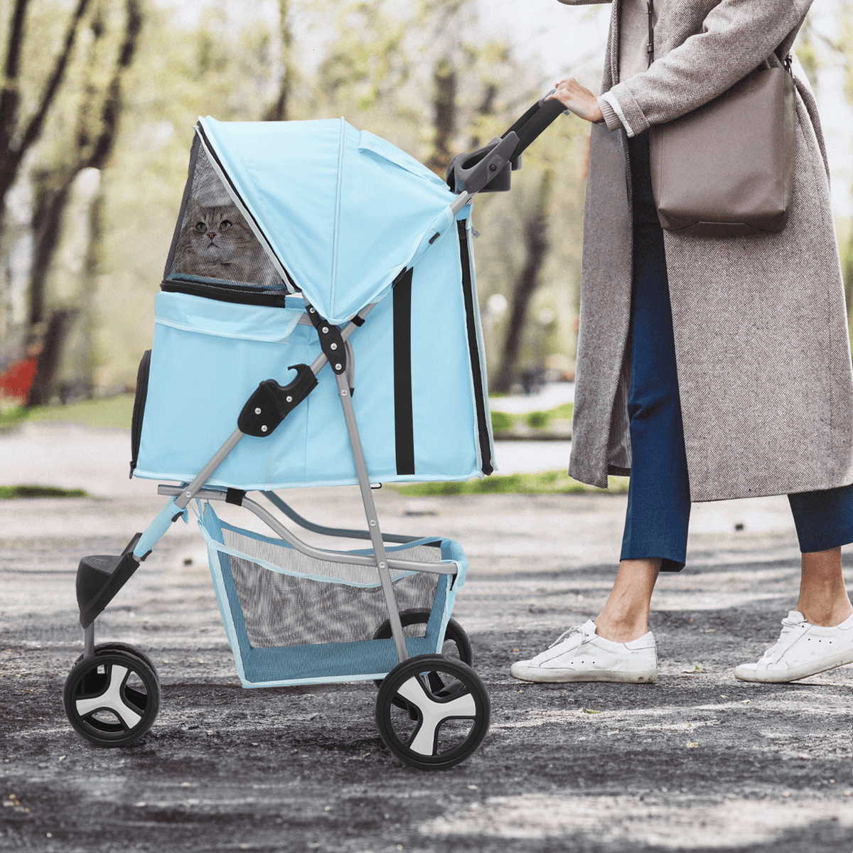 Three-Wheel Dog Stroller with Weather Cover, Foldable Mesh Pet Pushchair for Small Dogs and Cats, Storage Basket, Cup Holder and 10 Style Options