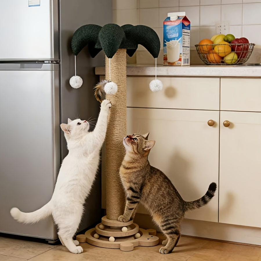Sisal Cat Scratching Post with Clown Hat Design, Vertical Indoor Cat Scratcher with Random-Color Teaser Stick in Green or Dark Green