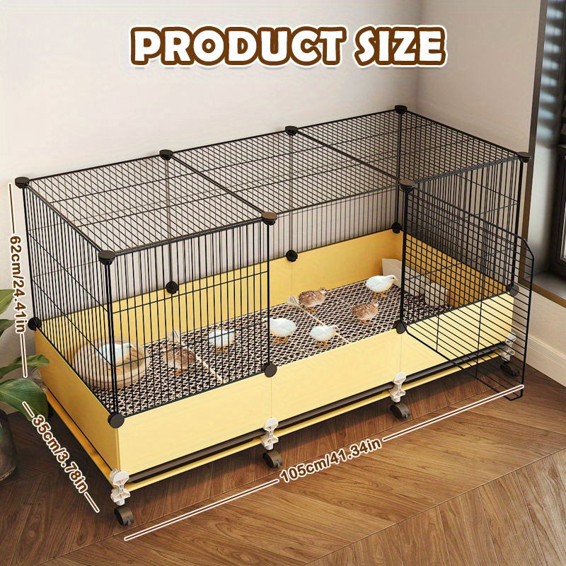 Rolling Poultry Cage 41.3 Inch with Yellow Lower Panels, Black Wire Mesh Enclosure, Front Access Door and Wheeled Base for Managed Bird Care