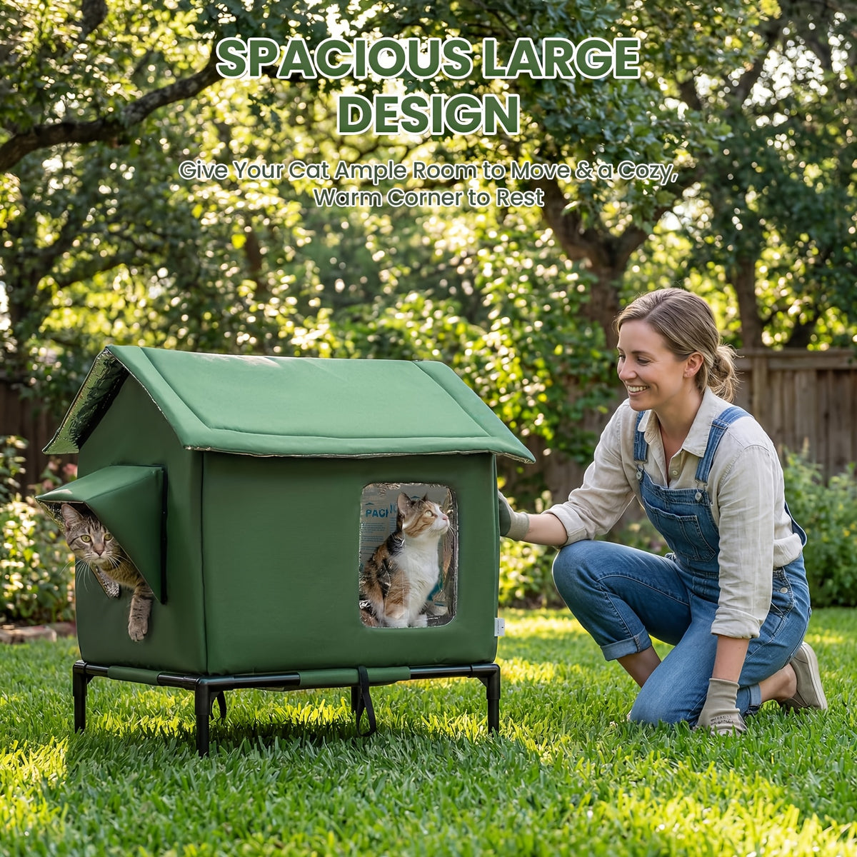 Insulated Outdoor Cat House, Weatherproof Shelter for Stray & Feral Cats, Army Green 17.7 x 15.7 x 21.6 in for Yard, Porch & Garage