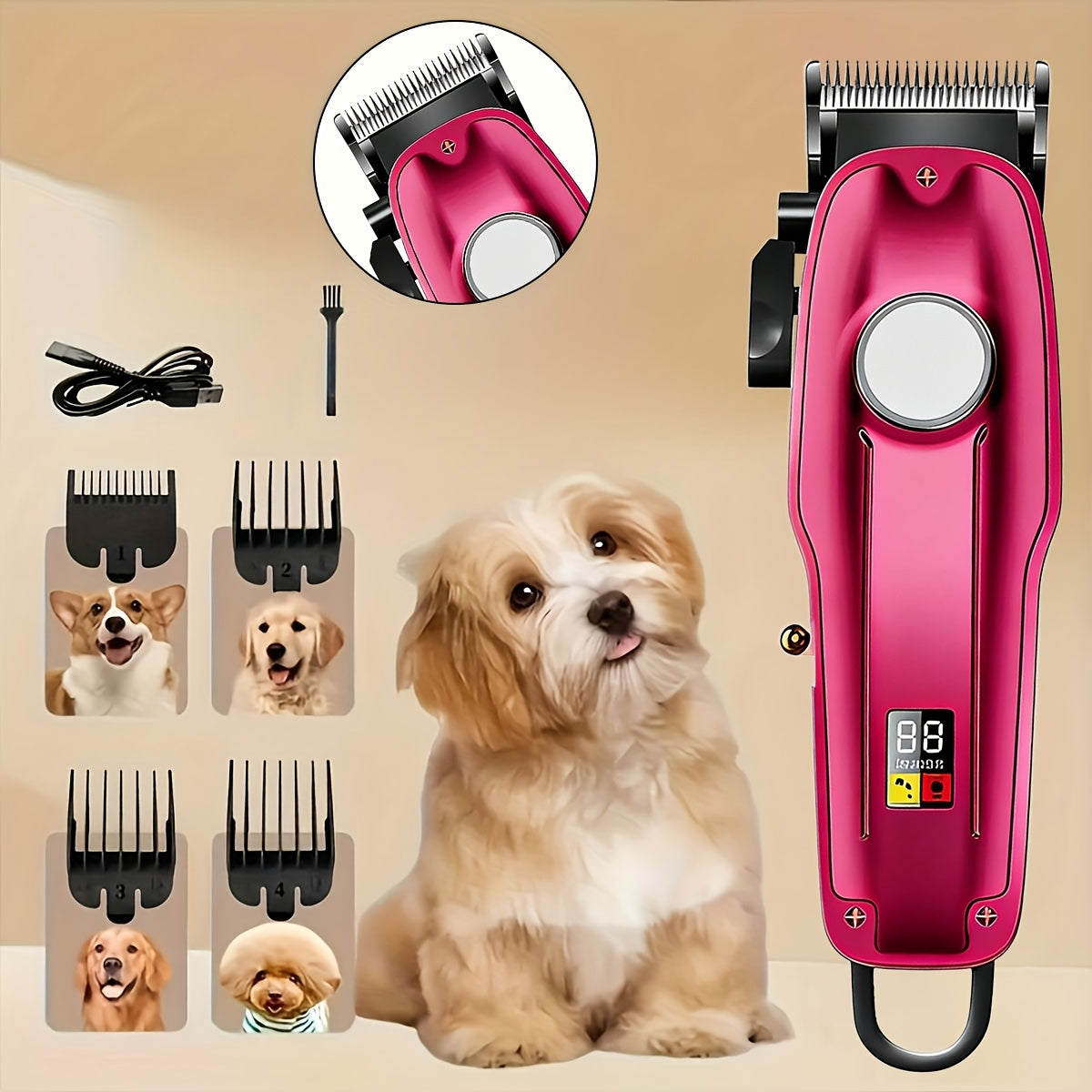 Dog Clippers for Grooming Professional Kit, Low-Noise Rechargeable Pet Hair Trimmer with 4 Guide Combs, Taper Lever, USB Charging and LED Display for Dogs and Cats