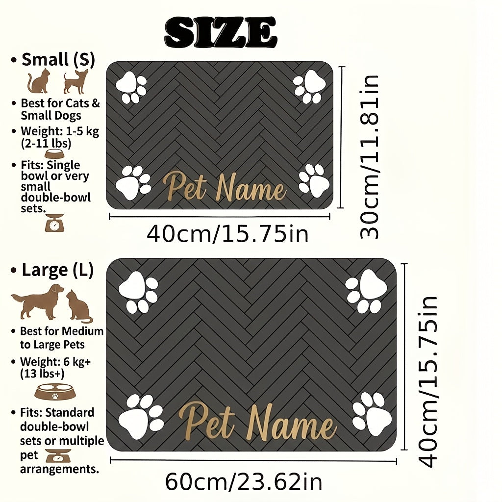 Personalized Pet Feeding Mat with Custom Name or Text, Non-Slip Absorbent Paw Print Bowl Mat for Indoor Dog and Cat Food Stations, Three Size Options