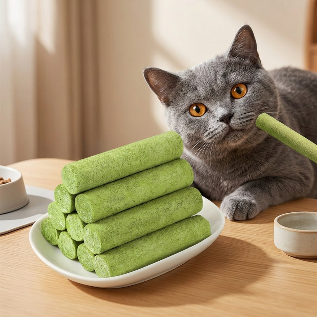 Freeze-Dried Cat Grass Sticks, 15-Piece Cat Treat Pack for Supervised Snack Time, Cat Grass Treats for Cat Owners and Pet Gift Baskets