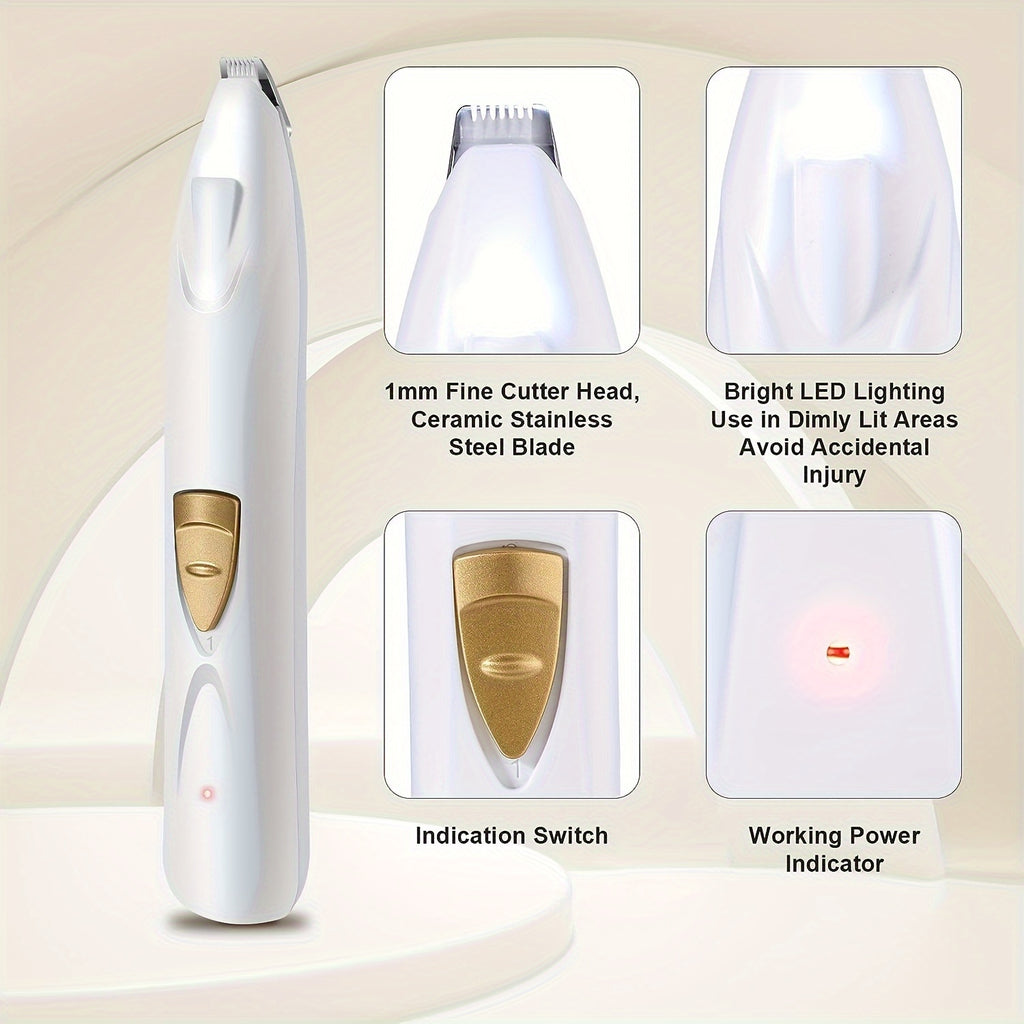 Dog Paw Hair Trimmer with LED Light, White USB Rechargeable Low-Noise Mini Pet Clippers with Narrow Head for Dog and Cat Grooming Touch-Ups