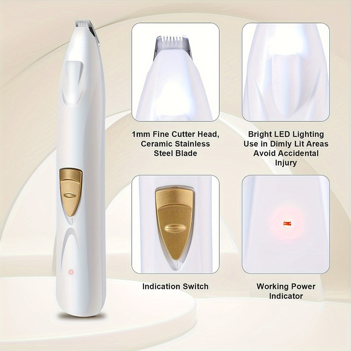 Dog Paw Hair Trimmer with LED Light, White USB Rechargeable Low-Noise Mini Pet Clippers with Narrow Head for Dog and Cat Grooming Touch-Ups