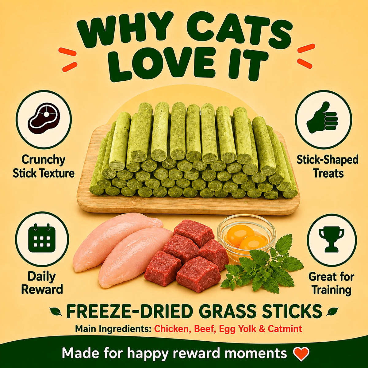 Crunchy Cat Treat Sticks with Chicken and Cat Grass, 2.93 oz Freeze-Dried Cat Snacks for Indoor Cats, Training Rewards and Food Topping