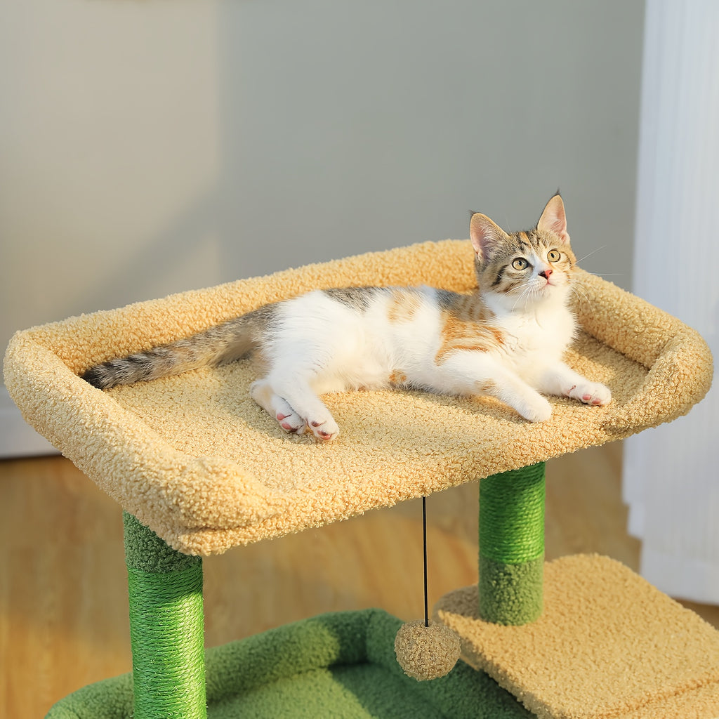 Cat Tree with Wide Perch and Condo, Modern Wood Cat Tower with Sisal Scratching Posts and Pad for Large Adult Indoor Cats and Compact Living Spaces