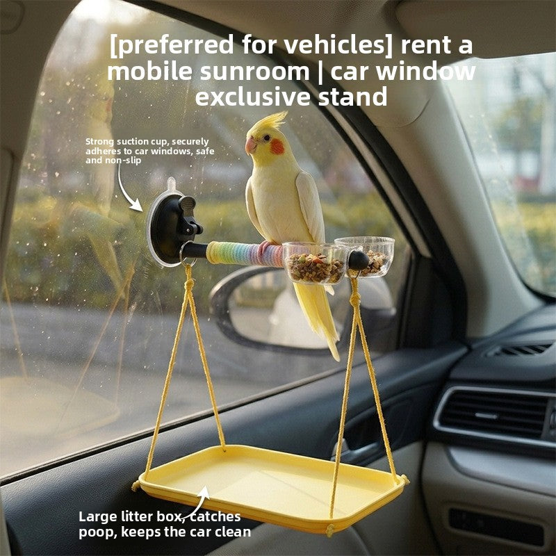 Bird Window Perch with Suction Cup, Parrot Stand with Waste Tray and Anti-Fly Chain, 3-Piece Set for Budgies, Parakeets and Cockatiels