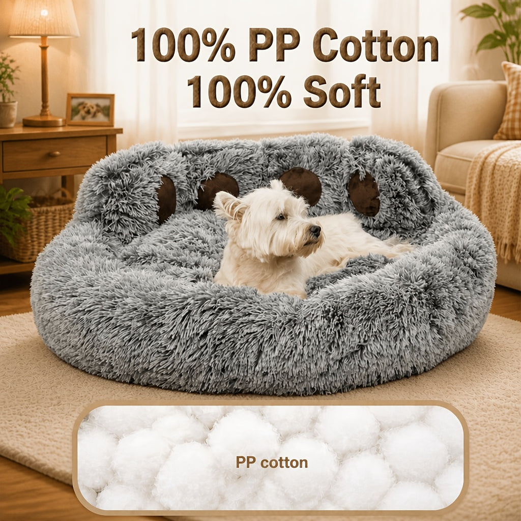 Gray Bear Paw Pet Bed with Scarf, Soft Plush Donut Sleeping Nest for Dogs and Cats with Raised Edges and Non-Slip Bottom, Five Sizes from 50 to 110 cm