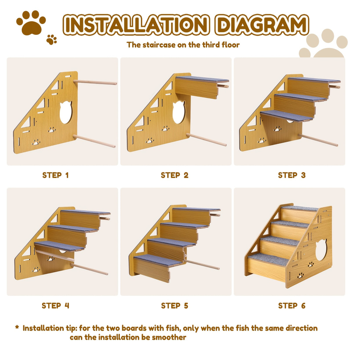 4-Step Dog Stairs for Small Dogs and Cats, Khaki Pet Steps with Non-Slip Treads and Paw Cutout Side Panels for Bed and Couch Access