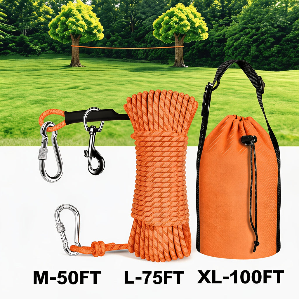 Dog Trolley System for Camping, 50/75/100ft Reflective Overhead Tie-Out Cable Run for Dogs up to 200lbs, Portable Dog Lead for Yard and Parks, Orange/Green/Blue