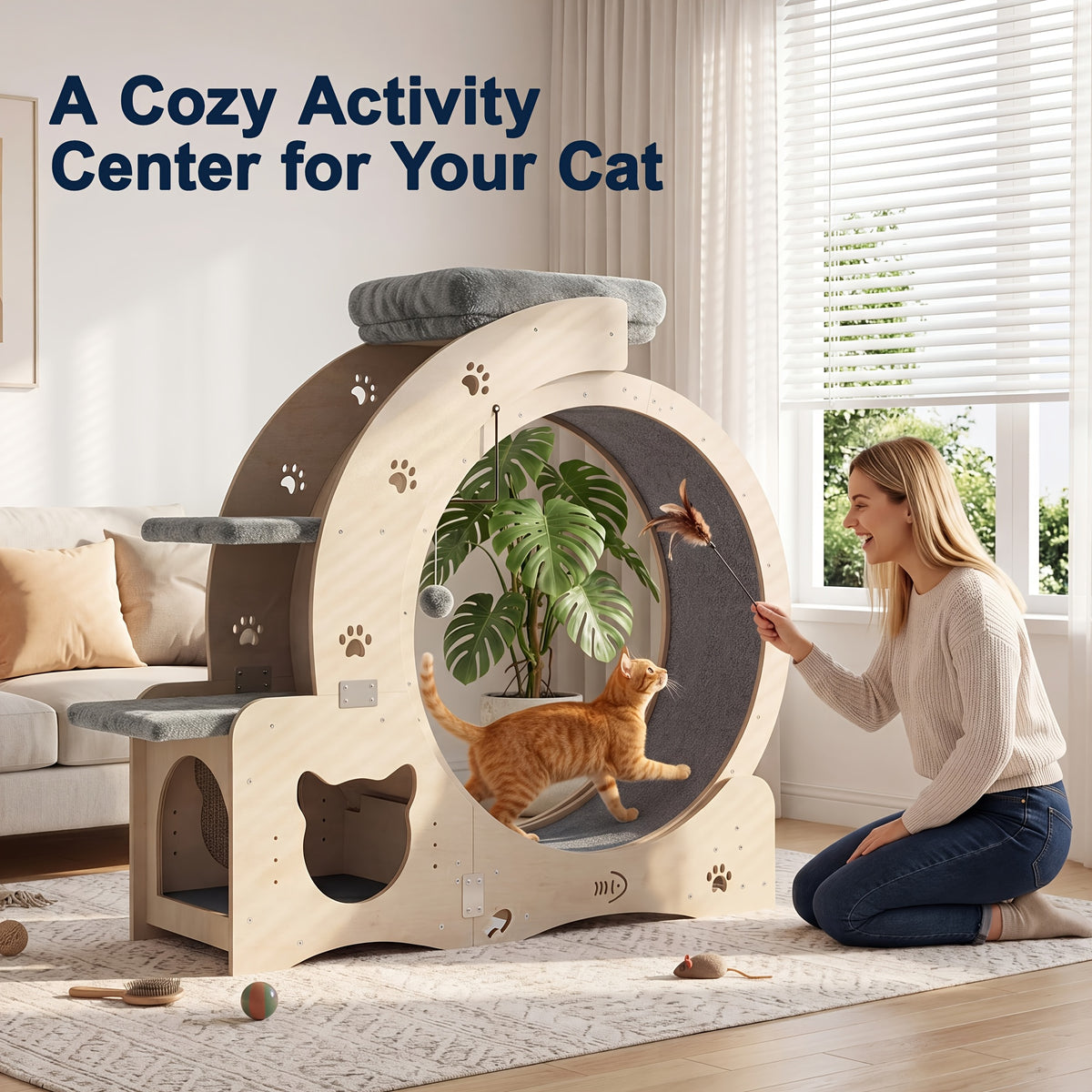 Cat Running Wheel for Indoor Exercise, Quiet Large Cat Treadmill with Stable Base in Wood Color for Daily Activity and Interactive Play