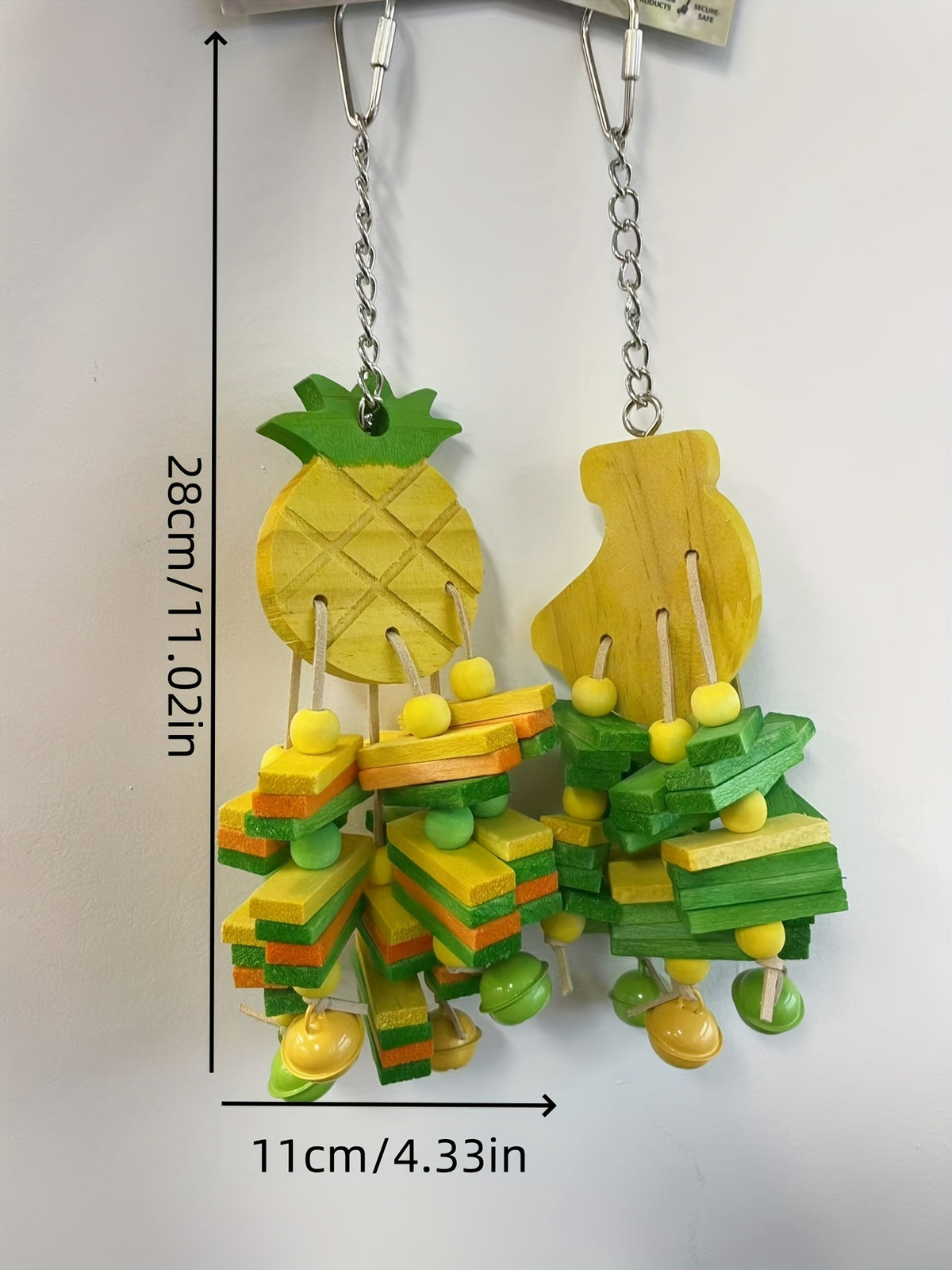 Fruit Shaped Bird Chew Toy Set with Pineapple and Banana Designs, Colorful Wooden Blocks, Beads and Bells for Supervised Parrot Cage Enrichment