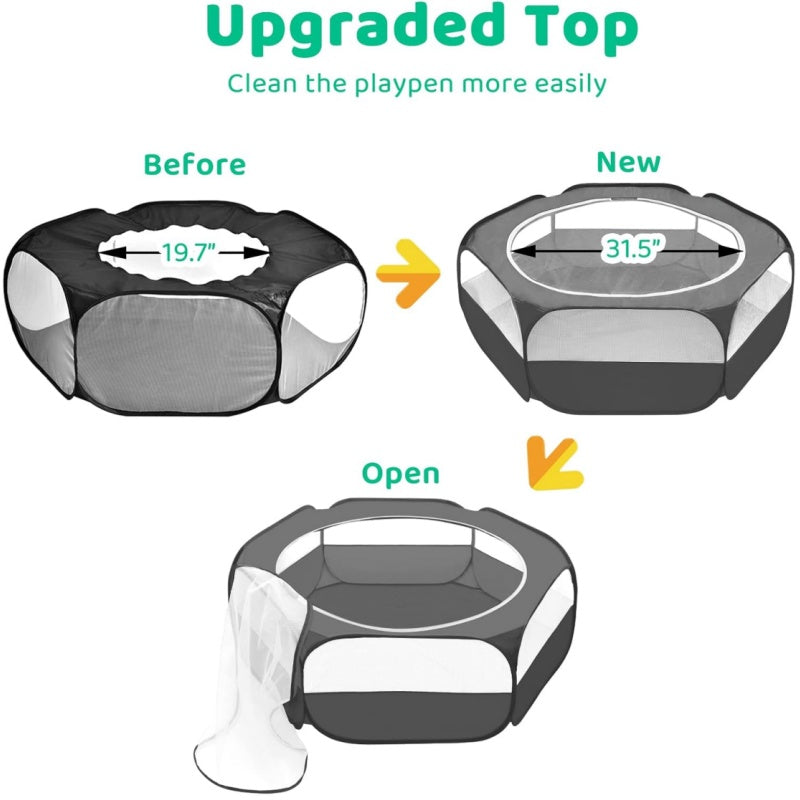 Small Animal Playpen with Mesh Top Cover, Black Foldable Portable Pet Enclosure for Supervised Rabbit and Guinea Pig Indoor or Outdoor Play