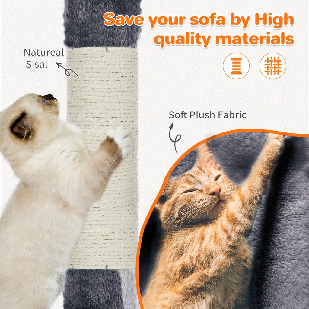 Cat Tree with Two Condo Retreats in Light Grey, Multi-Level Indoor Cat Tower with Scratching Posts and Play Toys for Kittens and Cats to Climb, Rest and Explore